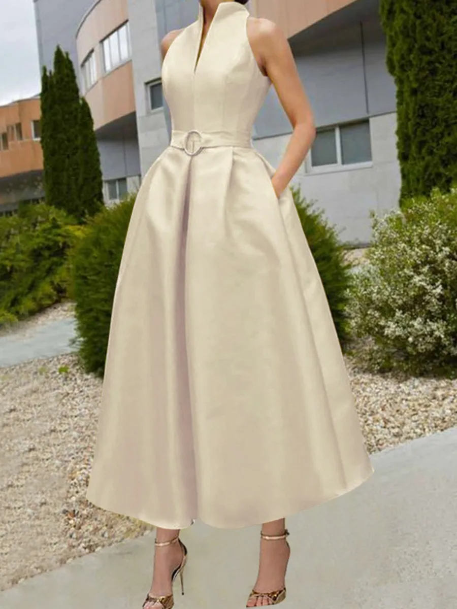 Freeacy 2024 Stylish Belted A-line Dress Stand Collar V-neck Sleeveless Evening Dresses Solid Color High Waist Pleated Dress