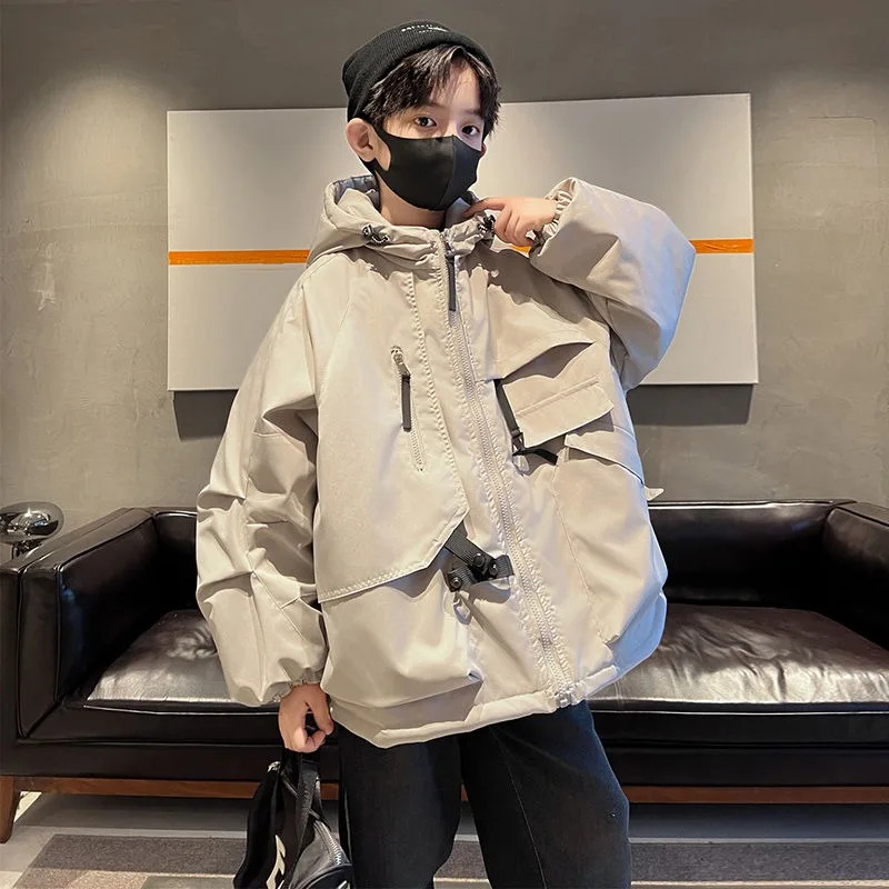 2025 New Boys' Autumn Winter Thickened Padded Windbreaker Jacket Medium to Large Kids Waterproof Fleece Lined