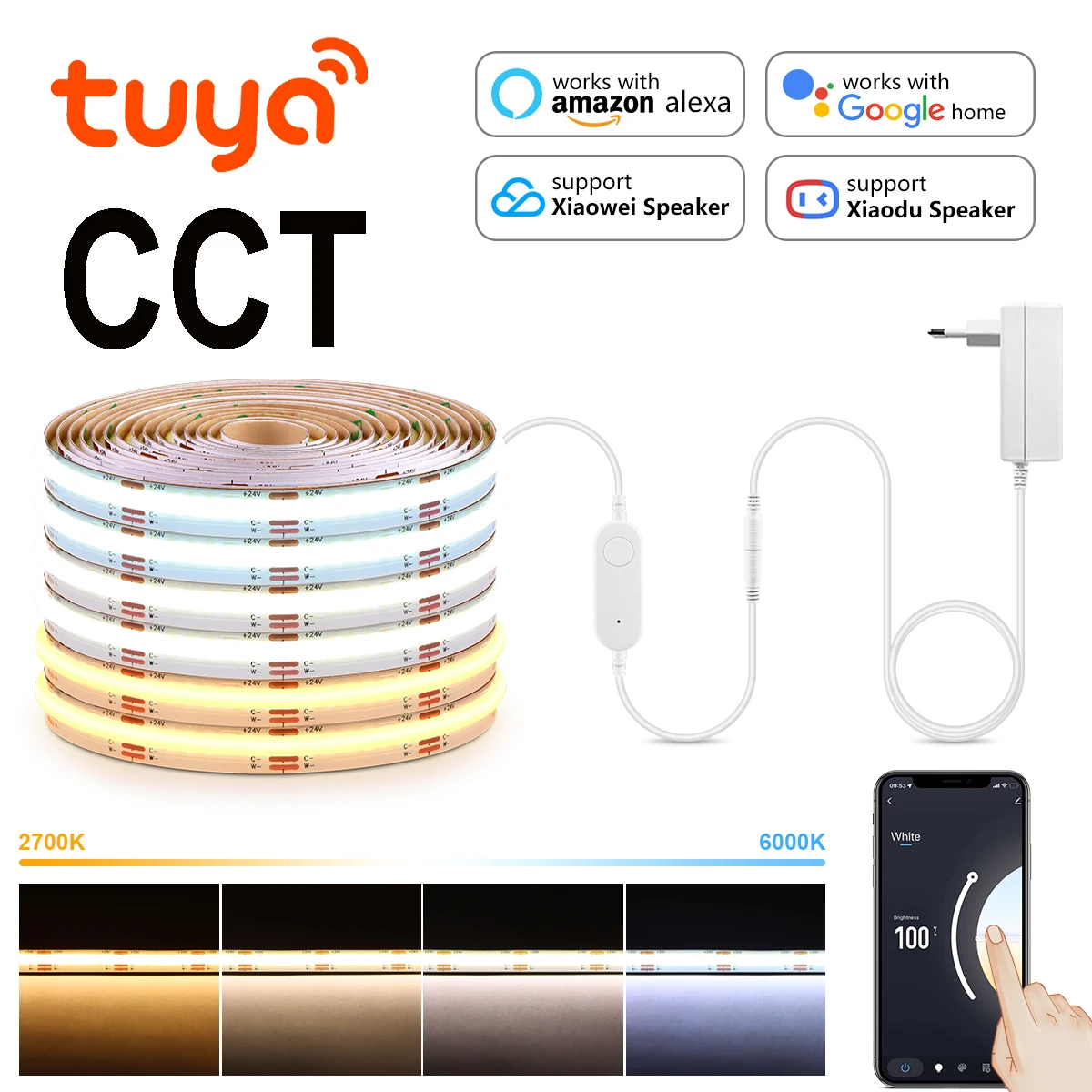 3M 5M Tuya Smart Life WiFi COB CCT LED Strip Light DC24V 2700K-6500K Dimmable LED Lamp Tape Ribbon Work With Alexa Google Home