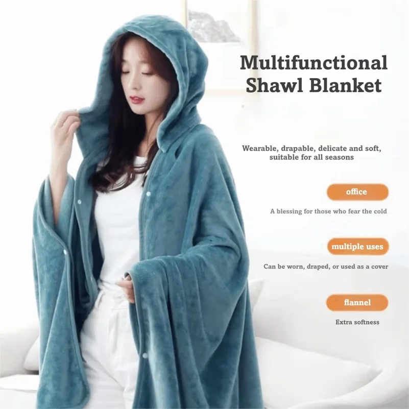 Cozy Shoulder Wrap Blanket with Hat Can be covered and worn Air Conditioner Blanket Pure Color Nap Blanket For All Seasons