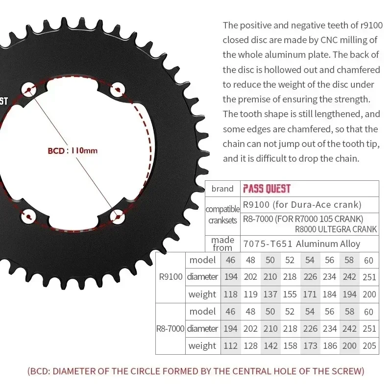 110bcd Chainring for Shimano 105 R7000 R8000 R9100 36T 40T 44T 46T 48T 50T 52T 54T 56T 58T Round Chainring Road Bike Chainwheel