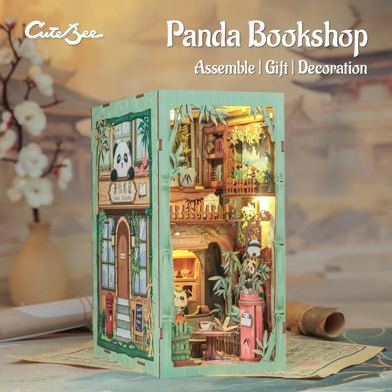 CUTEBEE DIY Book Nook Kit Cute Panda Bookshop Miniature Dollhouse with Light Dust Cover Bookshelf Insert for Craft Birthday Gift