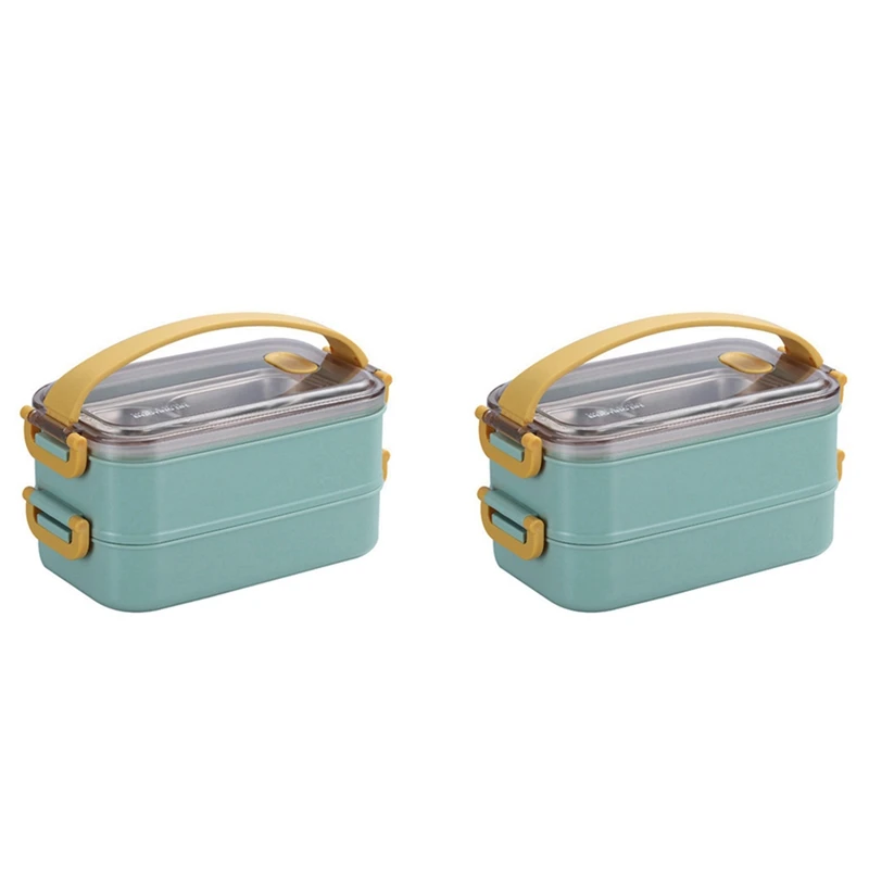 

2X Portable Lunch Box For Kids School Microwave Bento Box With Movable Compartments Salad Fruit Food Container Box Green