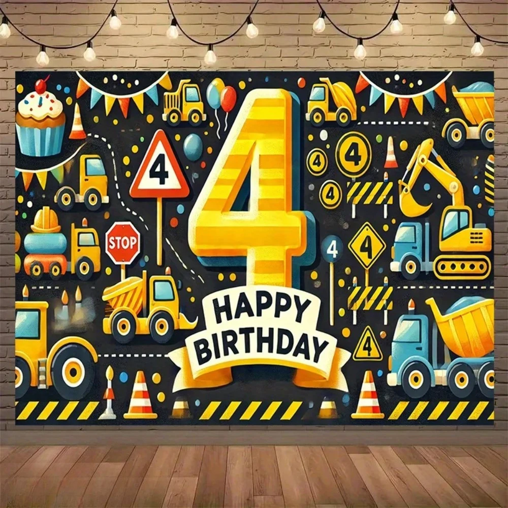 Yellow Excavator Dump Truck Road Sign Theme Banner Backdrop, Children's and Boys' Birthday Party Decoration Photography Backdrop