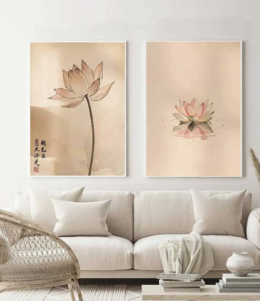 Tusche-Lotus-Leinwandbild – Orientalischer Aquarelldruck – Serene Zen-Heimdekoration – Ideales Einweihungsgeschenk
