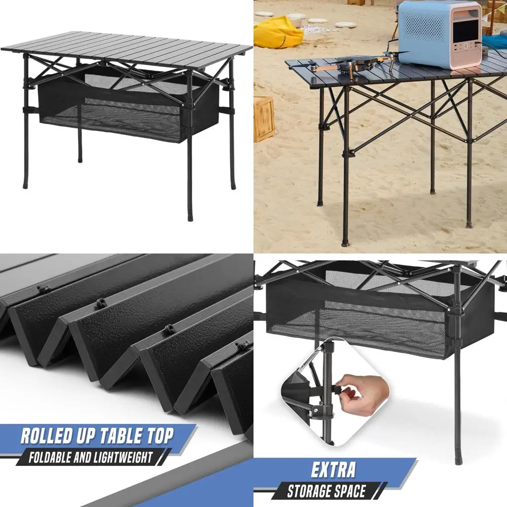 

Collapsible Camping Table with Storage Basket, Portable Picnic Table, Carrying Bag, Roll-Up Design, Ideal for Outdoor Activities