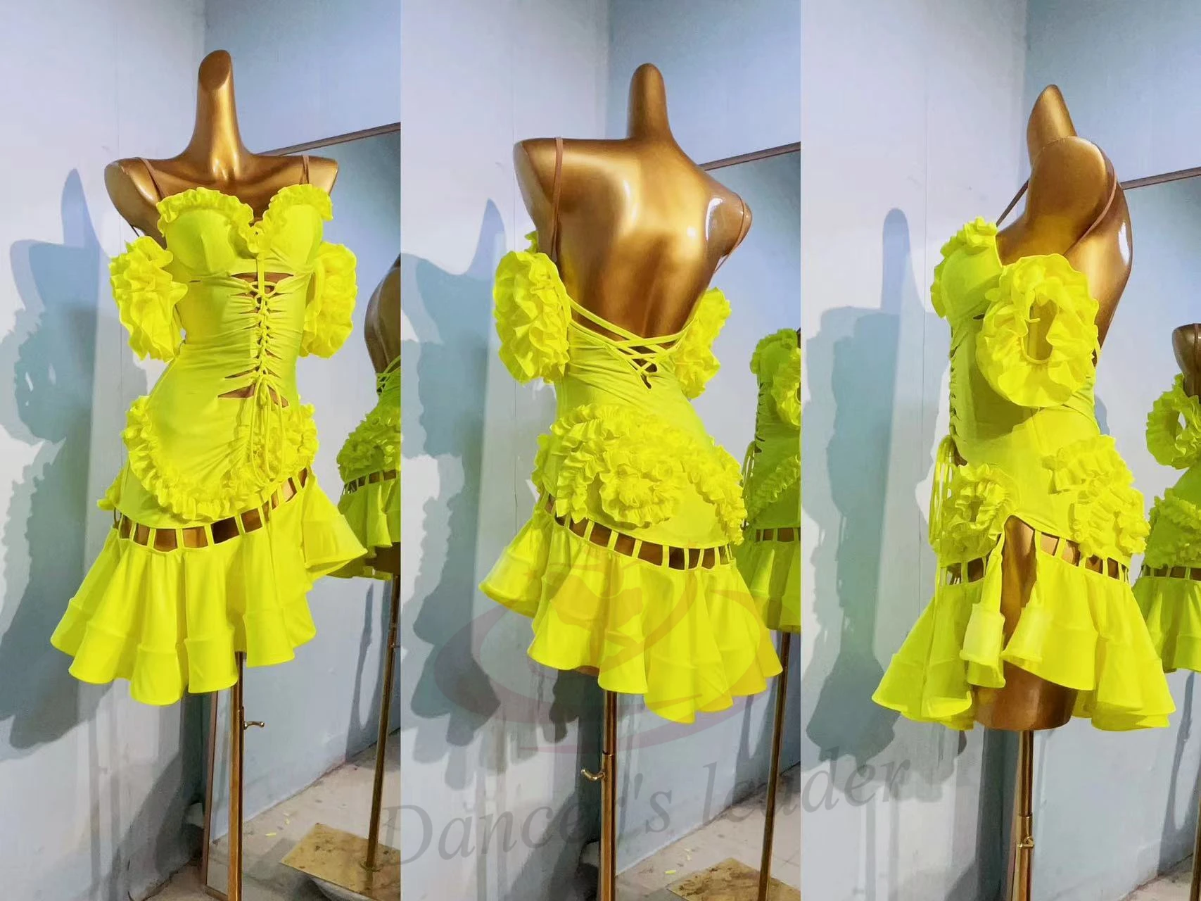 

Latin Dance Dress High-end Custom Large Yellow Flower Wave Lace Female Adult Stage Samba Dance Music Professional Clothing