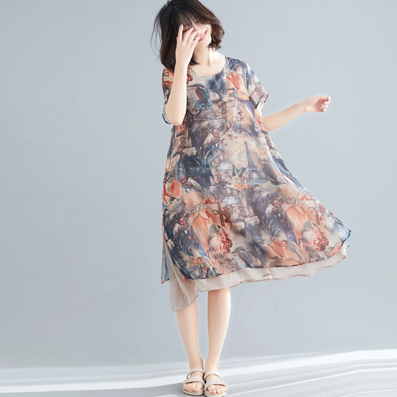 여름 신상 루즈핏 가벼운 실크 쉬폰 여성용 미디 A라인 스커트 플로럴 프린트 수채화 스타일 출퇴근용