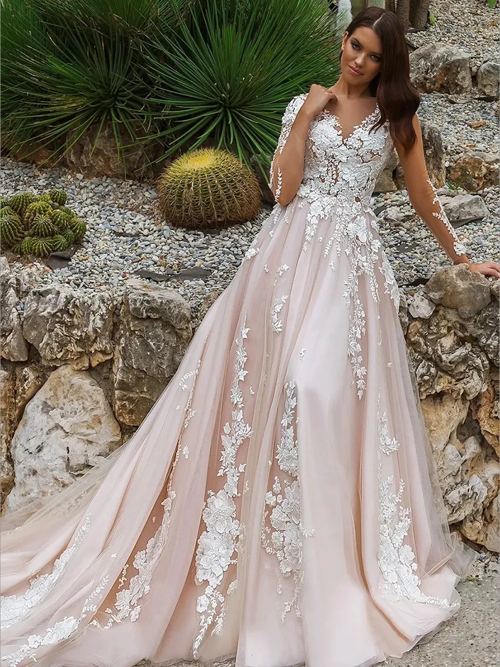 

Vintage Wedding Dresses For Women 2024 A-Line Tulle Bridal Gowns Lace Appliques V-Neck Robes Long Sleeves Vestidos De Novia 2023