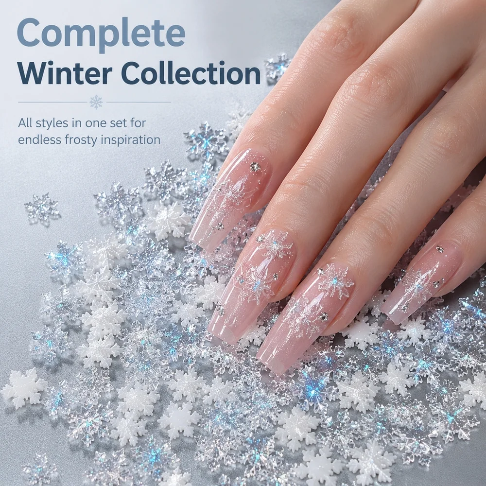 50Pcs Christmas Snowflake Resin Nail Charms White Blue Silver Multi‑Size 3D Decor For Daily Party Acrylic & Press‑On Nails DIY