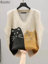 ZANZEA Spring Autumn Simple Tunics Vintage Cartoon Printed Vests Holiday V-neck Knitted Outfits Women Sleeveless Cute Tank Tops
