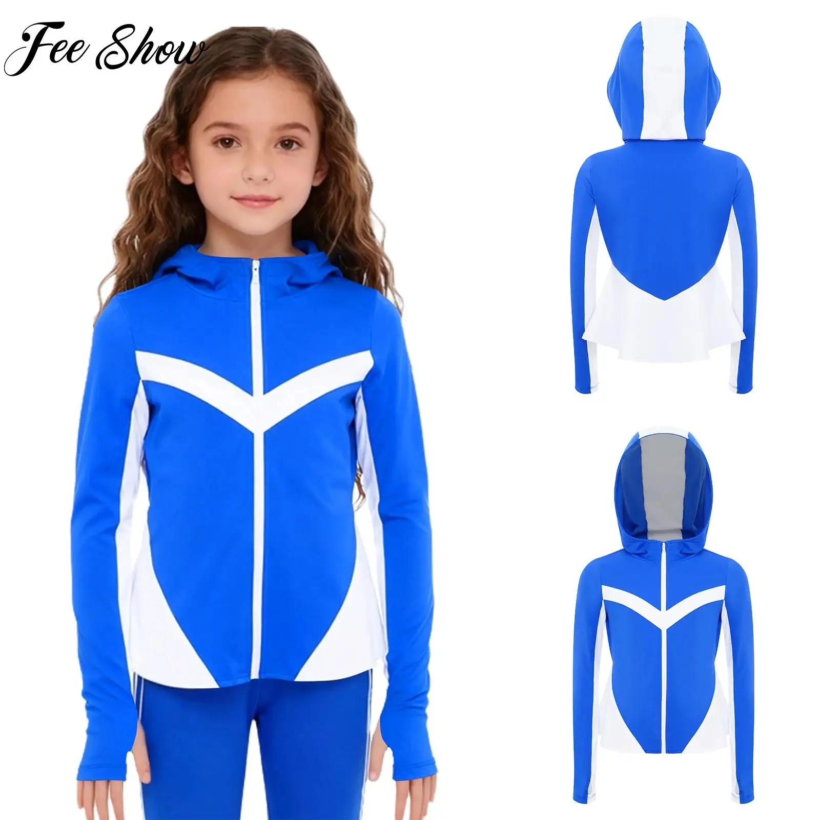 

Детская куртка с капюшоном для тренировок с цветными блоками для девочек, толстовка для йоги, повседневный костюм для бега, бега, велоспорта, быстросохнущий спортивный топ