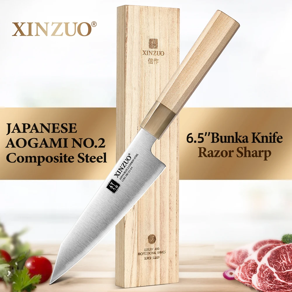 XINZUO 6.5''Bunka Chef Knife Aogami No.2 Carbon Steel Razor Sharp Kitchen Knife for Cutting Meat Poultry Fish Vegetable Fruit