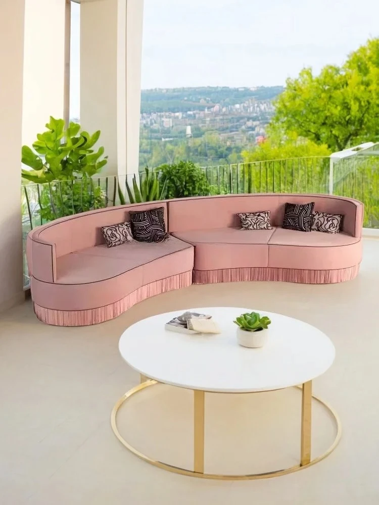French retro light luxury pink curved sofa fashionable size apartment home  beauty salon leisure sofa