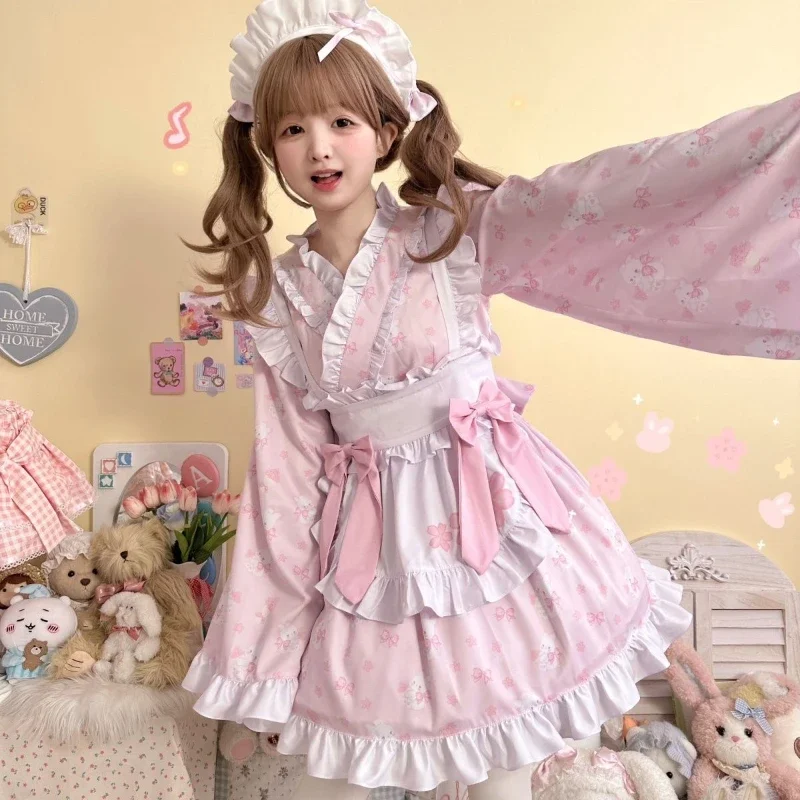 Robe Lolita Japonaise Kawaii avec Nministériels d Imprimé Lapin pour Femme, Mini Robe de Soirée, Harajuku Y2k, Volants avec Tablier, Ensemble Lolita