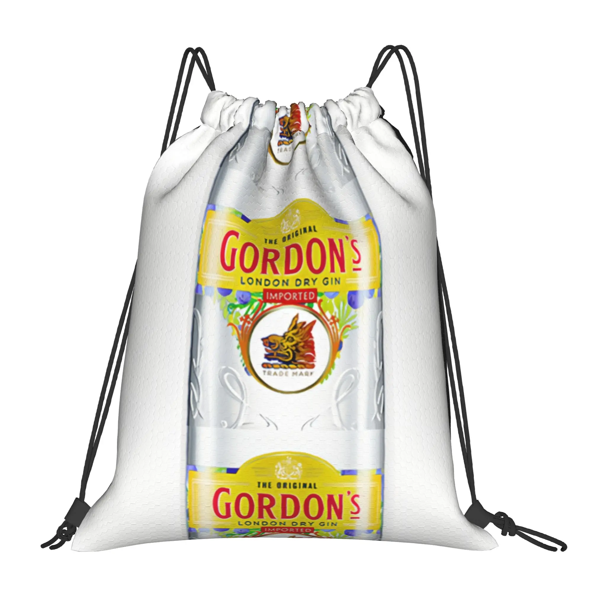 Etiqueta de la ginebra Gordon's London Dry en primer plano, Bolsas portátiles Gordon con cordón para senderismo, Mochila para montar a caballo, Mochilas de almacenamiento para gimnasio