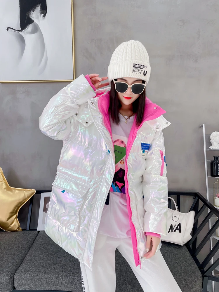 

Winter Hooded Parkas Print Jackets Overszied Cotton Padded Coats Glossy Windbreak Waterproof Female Thick Outerwear