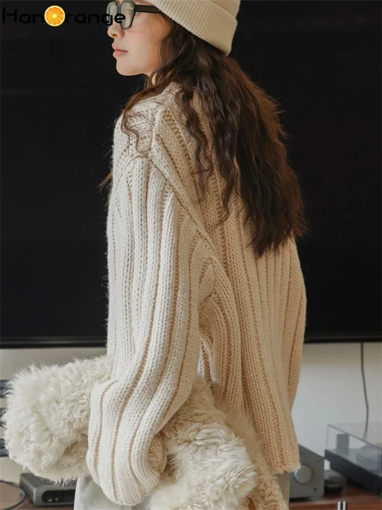 HanOrange 2024 Winter Lazy Simple Coarse Needle Wool Sweater Women Soft Glutinous Loose Top Female Off White/Oat