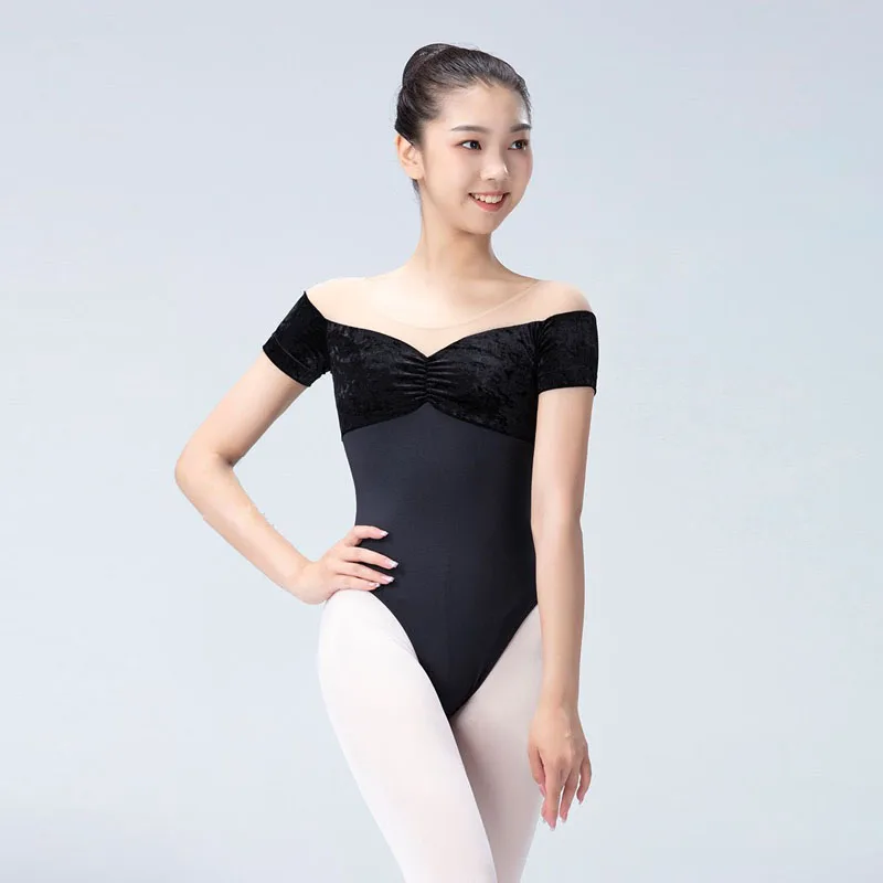 Balletmaillots Voor Vrouwen Fluwelen Patchwork Korte Mouw Effen Kleuren Danskostuum Volwassen Ballet Praktijk Gymnastiek Turnpakje