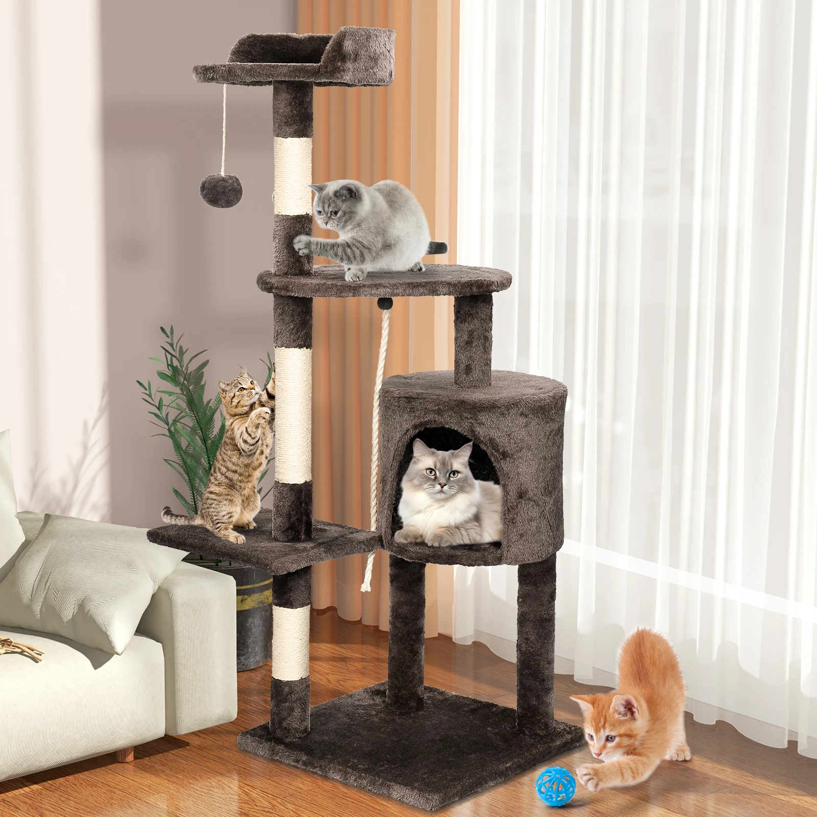 Image of SKSBTF Katzenbäume, Turm-Katzen-Klettergerüst für Hauskatzen mit Kratzbäumen, Katzenhaus, gepolsterte obere Sitzstangen und Eigentumswohnung, Katzenspielzeug
