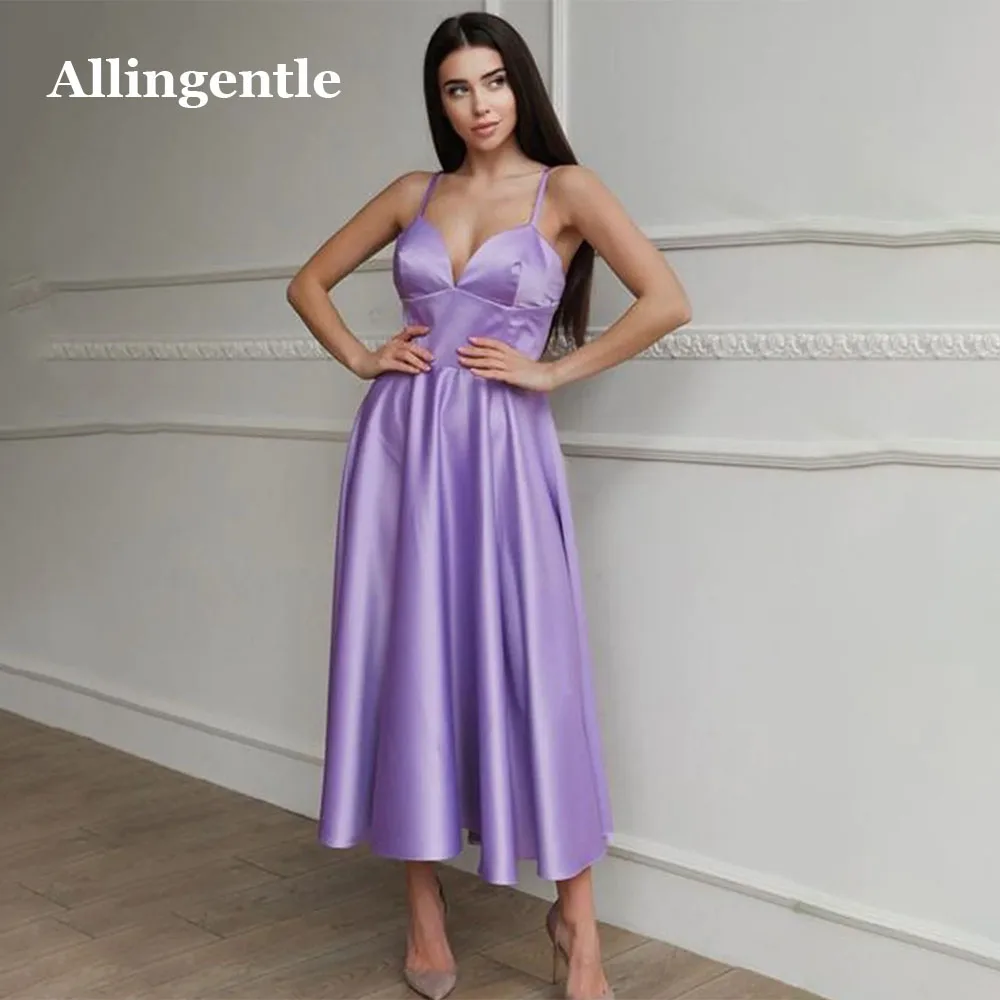 Allingentle Simple Lilac Deep V-Neck A-Line Evening Dresses Ankle-Length Spaghetti Strap Prom Party Gown for Woman Custom Made