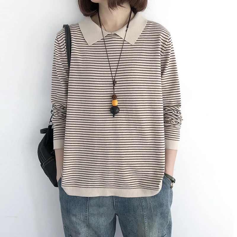 Women's Striped Cotton Knitted Loose Sweater, Thin Pullovers, All Match Female Tops, Spring, New, 2022