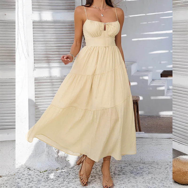 

Boho Women's Summer Long Dress For Beach Sexy Backless Maxi Dresses Vintage Low Cut Tie Up V-Neck Sundress Holiday Party Vestido