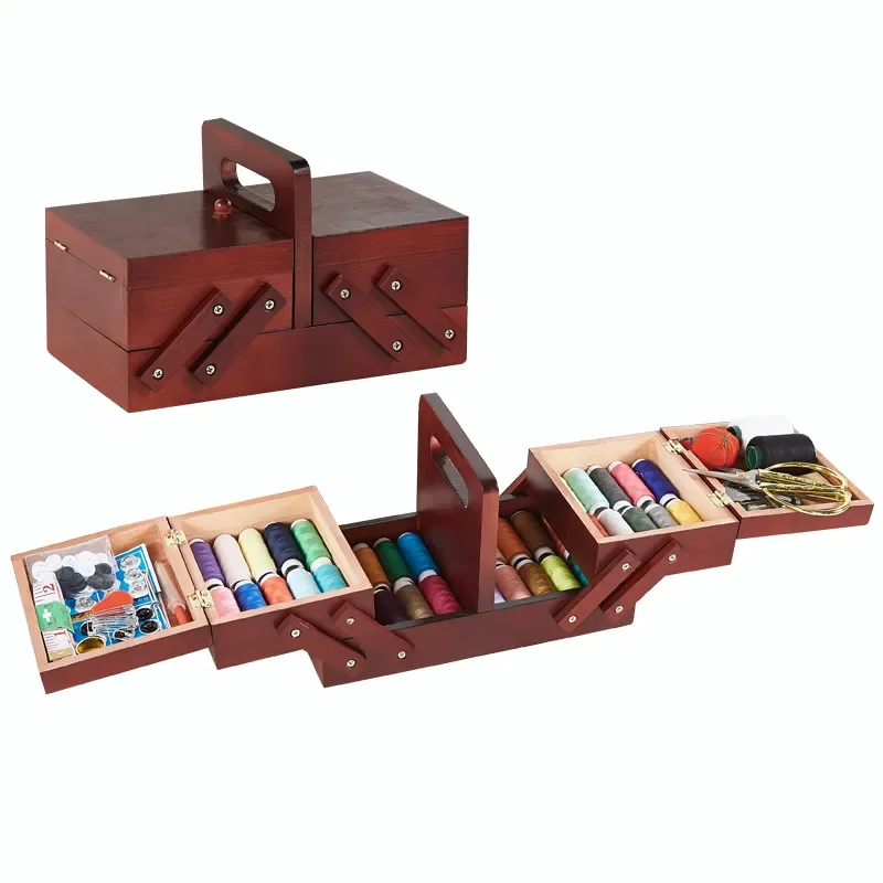 Natural wood sewing box Polyester Sewing thread Needlework Knitting Patch Organizer Storage box sewing case with accessories