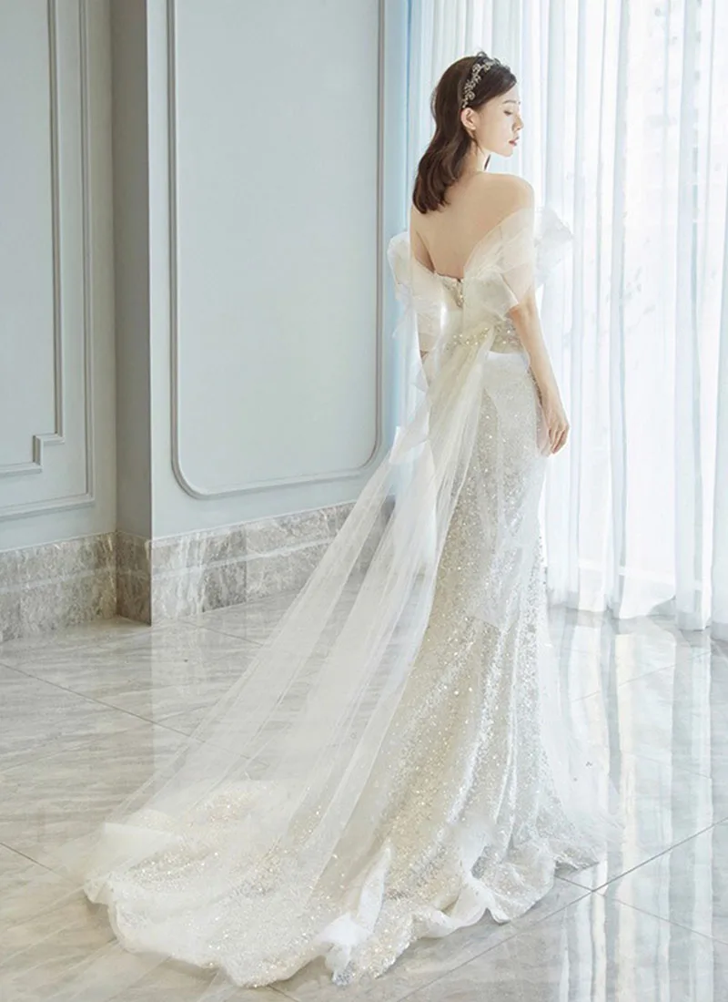 Vestidos de novia de cola de pez de lujo 2025, nuevo estilo, vestido de novia de hadas con lentejuelas de un solo hombro, vestido de noche