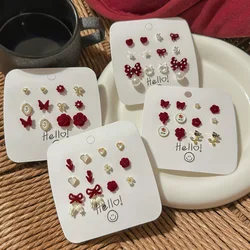 6 Pairs S925 Silver Needle Zinc Alloy Earrings Set Burgundy Bow Flower Heart Shape Cute Sweet Earrings For Women Jewelry Gifts