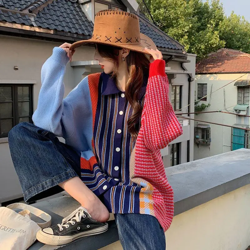 

Women's Polo Collar Stripe Splicing Knitted Sweater Fashion Streetwear Vintage Keep Warm Outerwear Female Knitted Pullover