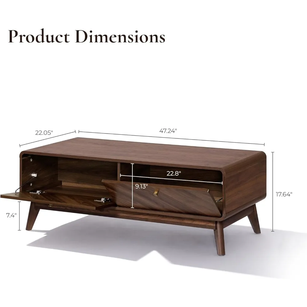 Mid Century Modern Storage Coffee Table, 47 Wooden Living Room Centerpiece with Live Edge Design