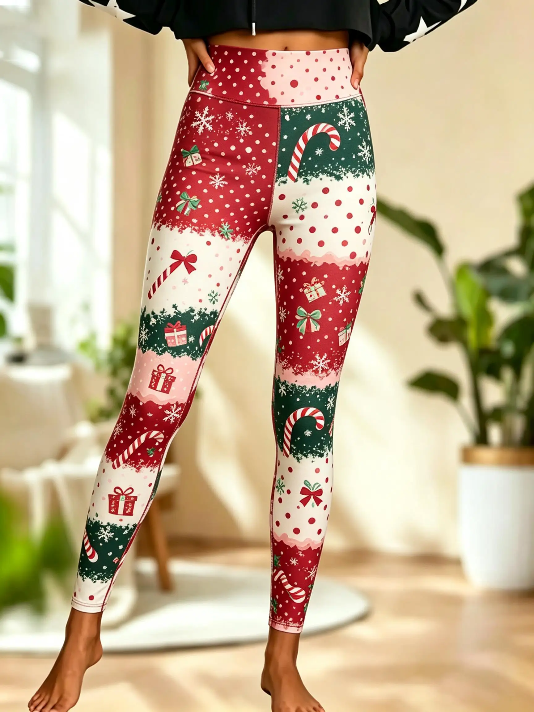 Women Fleece-Lined Mid-Rise Leggings Christmas Patchwork Candy Cane Gift Snowflake Print Slim Warm Pants