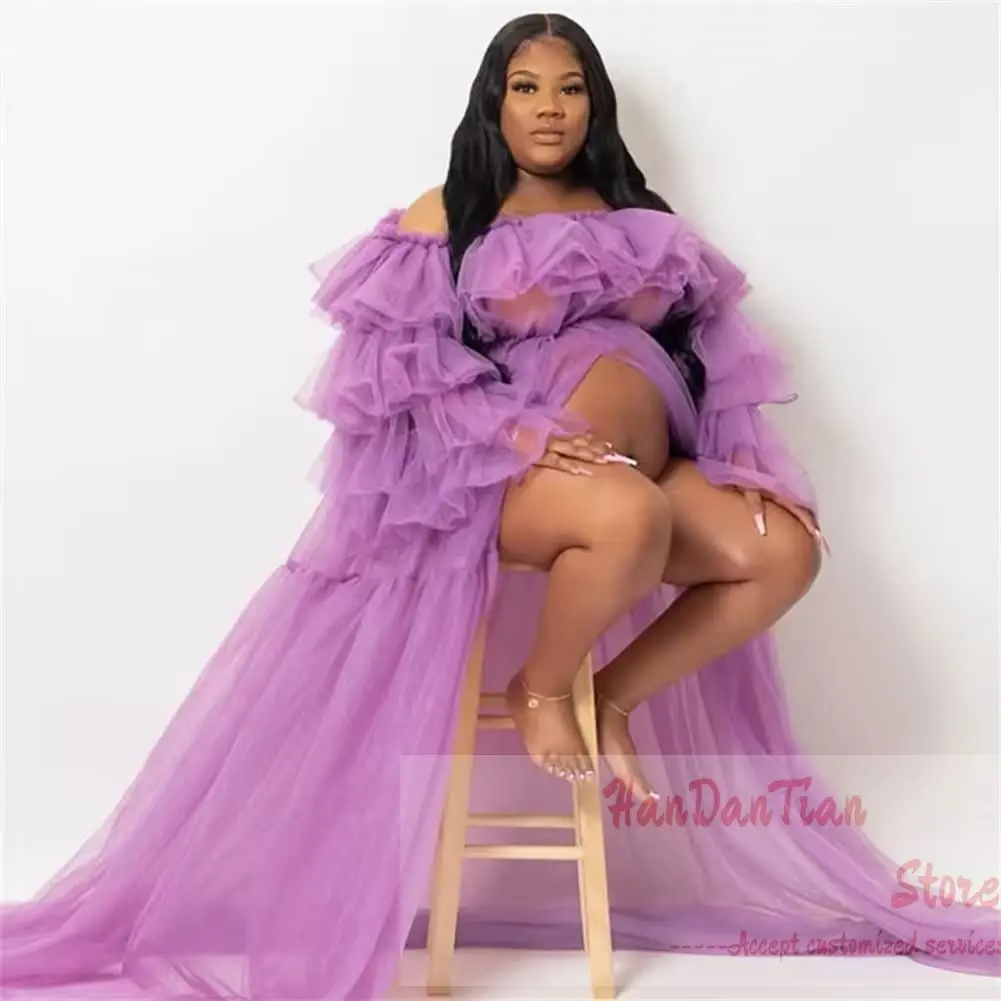 

Long Tulle Robe Ruffles Maternity Photoshoot Dressing Off Shoulder Lingerie Baby Shower Pregnancy Gown