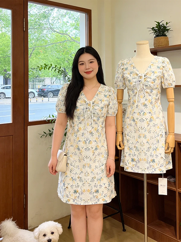 plus Size Autumn Summer 2026 New Women's Dress Floral Print V-Neck Midi Dress Chinese Style Reformed  Casual Wear