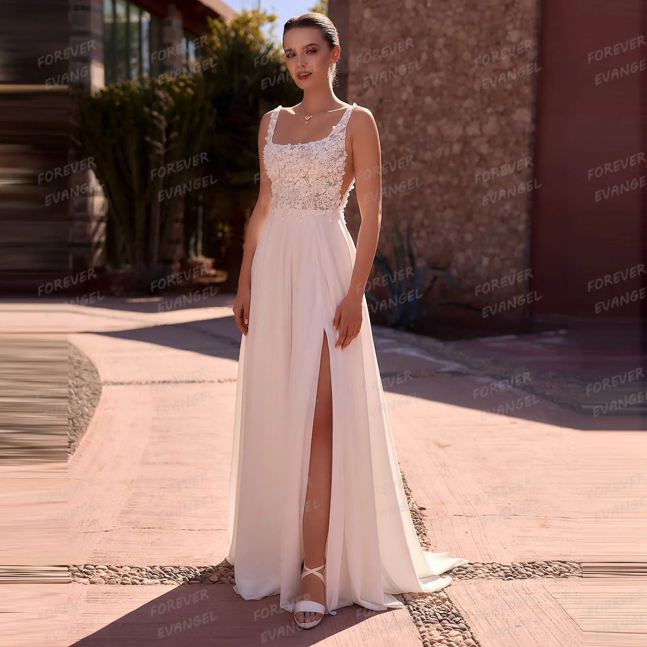 

Simple Boho Wedding Dresses A Line Woman Chiffon Sexy Side Split Bride Gowns Appliques Sleeveless Vestidos De Novia Customized