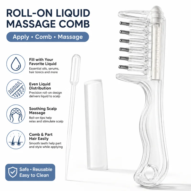Transparent and visible liquid storage comb, with even drainage through metal guide teeth on the roller, for scalp care