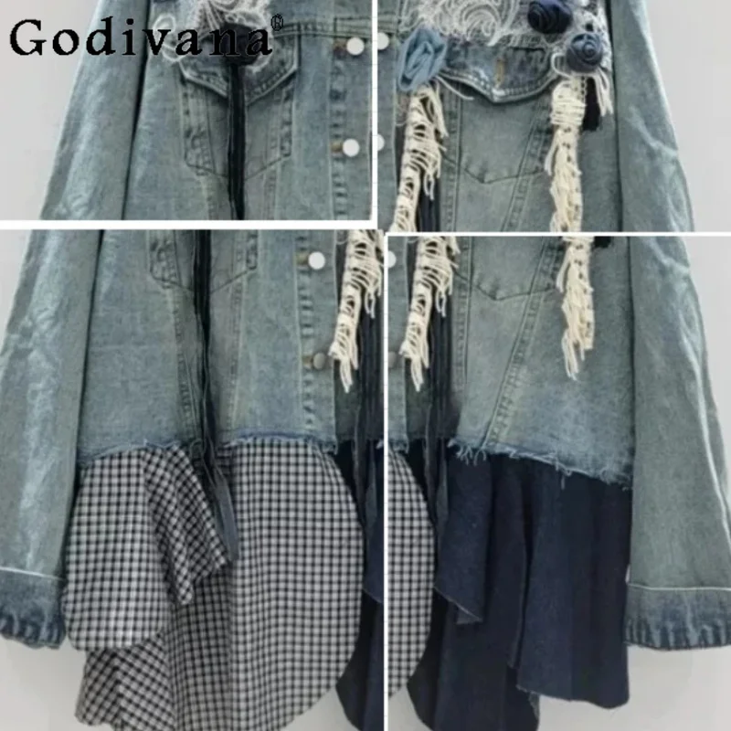

Personality Korean Flower Embroidery Loose Long Sleeve Denim Jacket Spring Autumn Fashion Girl Versatile Splicing Blue Tops
