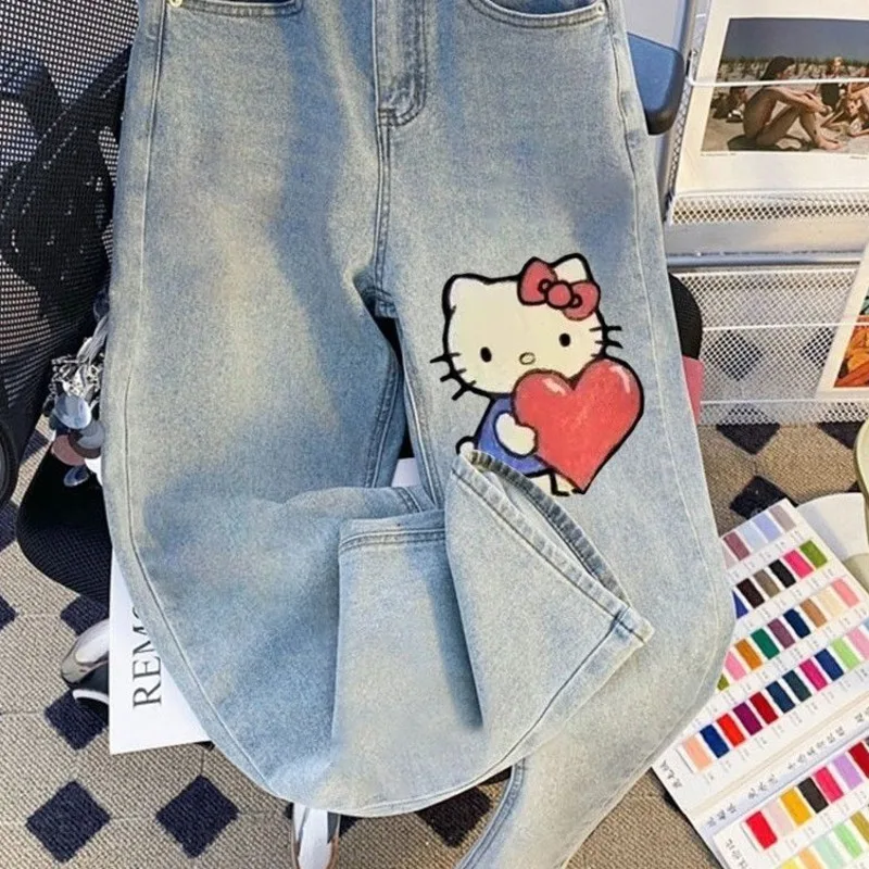 جينز هالو كيتي نسائي عالي الخصر باللون الأزرق الفاتح، دينم مغسول عتيق مع طباعة قلب قطة لطيفة، كاجوال فضفاض #6