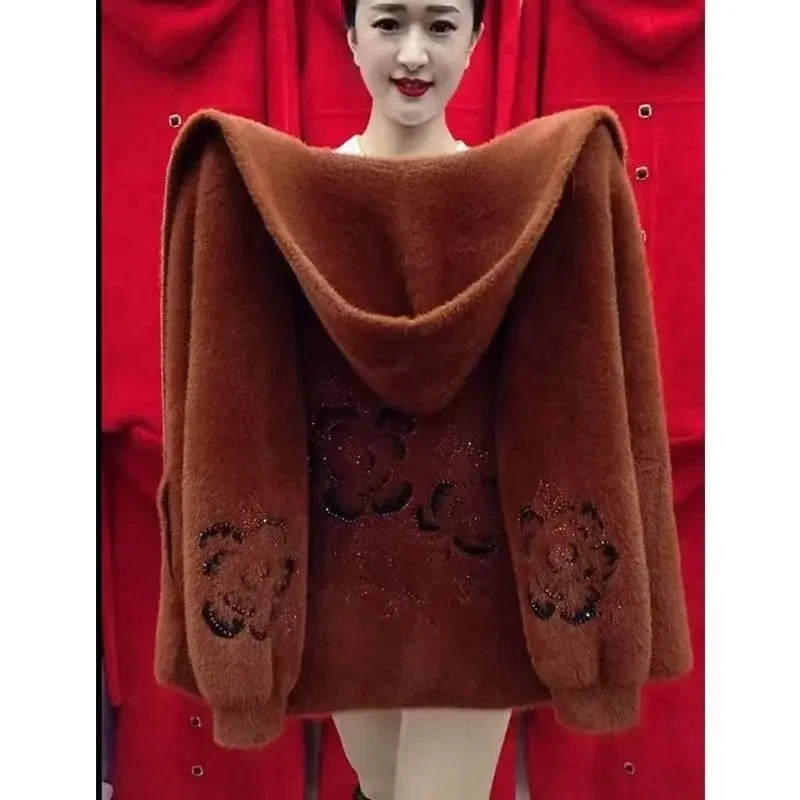 

2023 Autumn Winter New Loose Thickened Hooded Imitation Mink Velvet Sweater Jacket Women Knitted Cardigan Female Woolen Coat 6XL