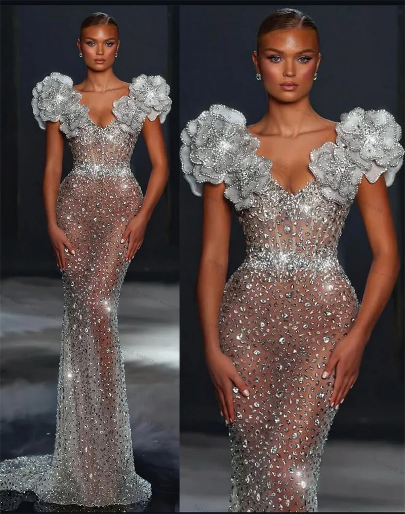 

Luxury Crystal Women Prom Dress 3D Flower Sexy V Neck Shiny Glitter Mermaid Bridal Evening Gown Customized Lace Up Back Robe