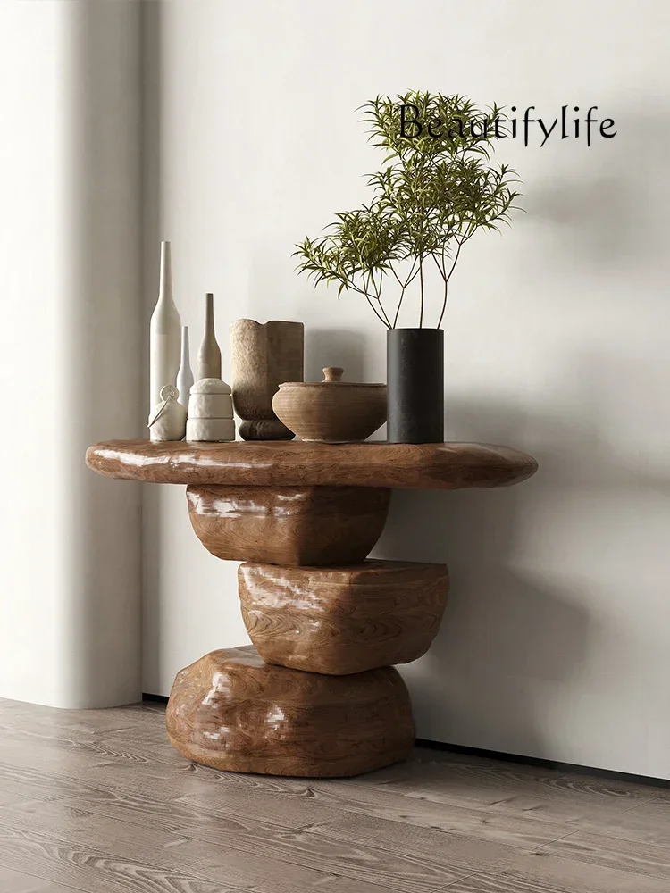 

Входной столик из цельного дерева в средневековом стиле, дизайнерский креативный приставной столик ваби-саби неправильной формы, вход B & B