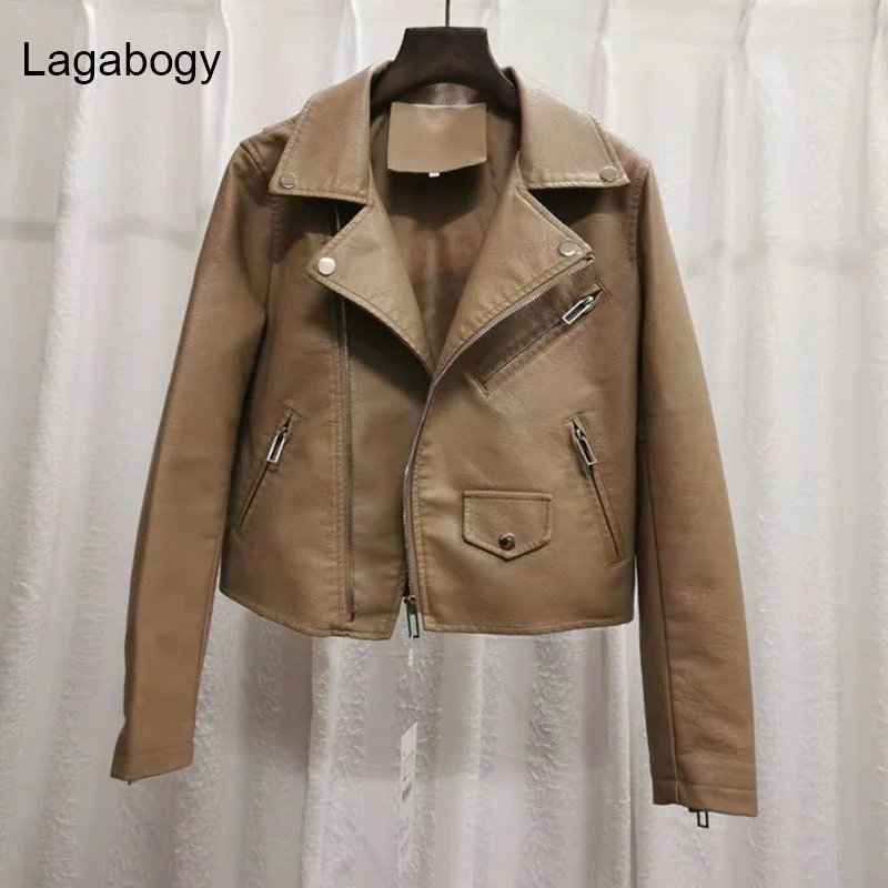 

Women Lagabogy 2023 New Spring PU Autumn Leather Jacket Streetwear Moto Biker Coat Top Quality Female Short Khaki Outwear