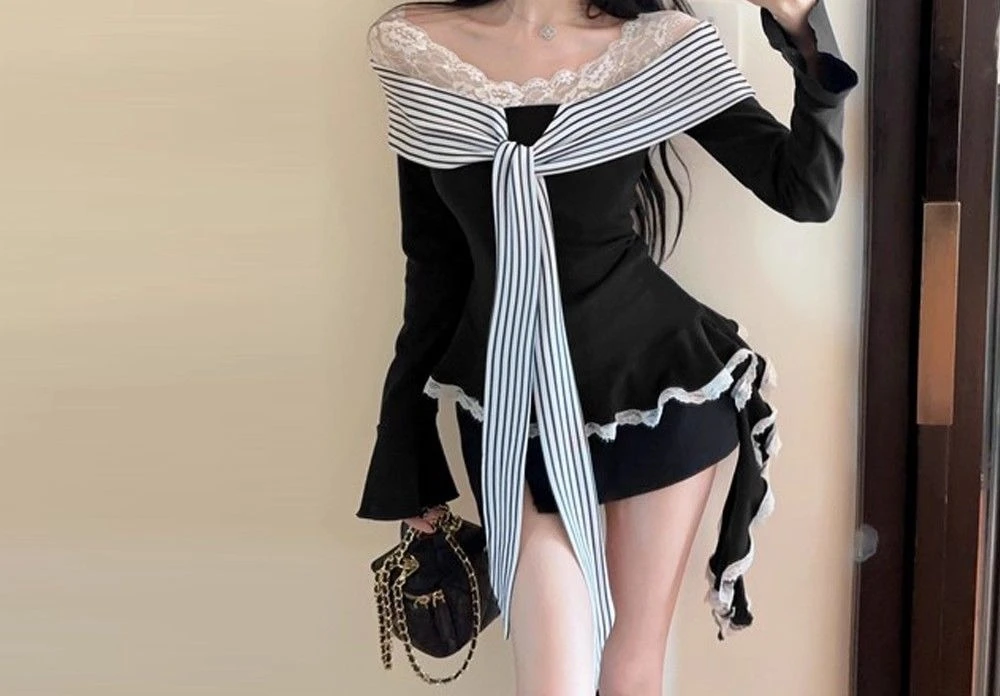 

One Shoulder Lace Striped Contrasting Base Shirt Top Spicy Girl Ruffle Edge T-shirt