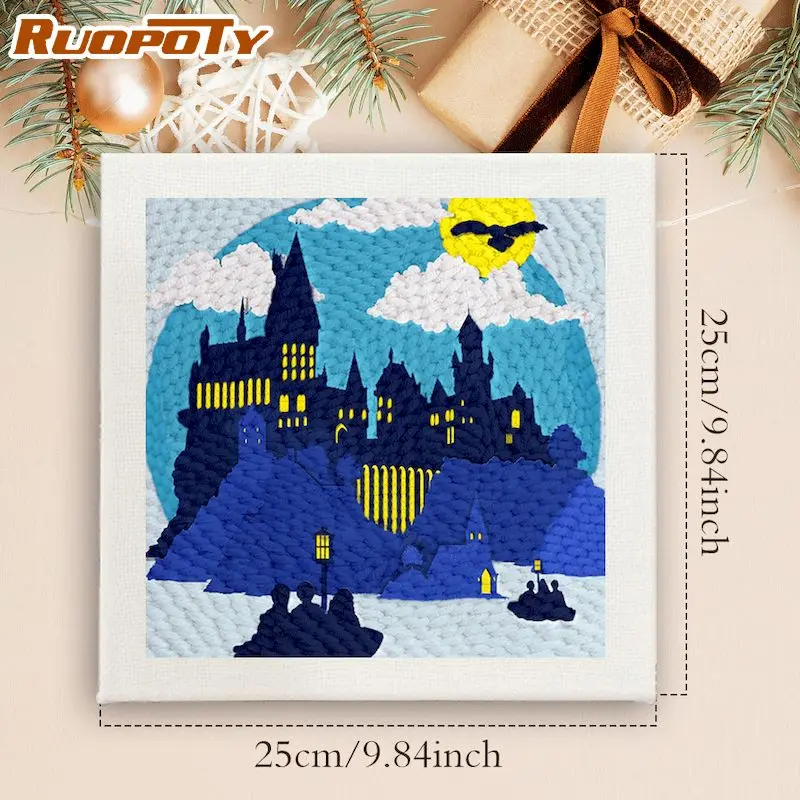 

RUOPOTY 25x25cm with frame Punch Needle For Adults Hand Embroidery Kit Castle Pattern Punch Embroidery Needles Kits Diy Idea