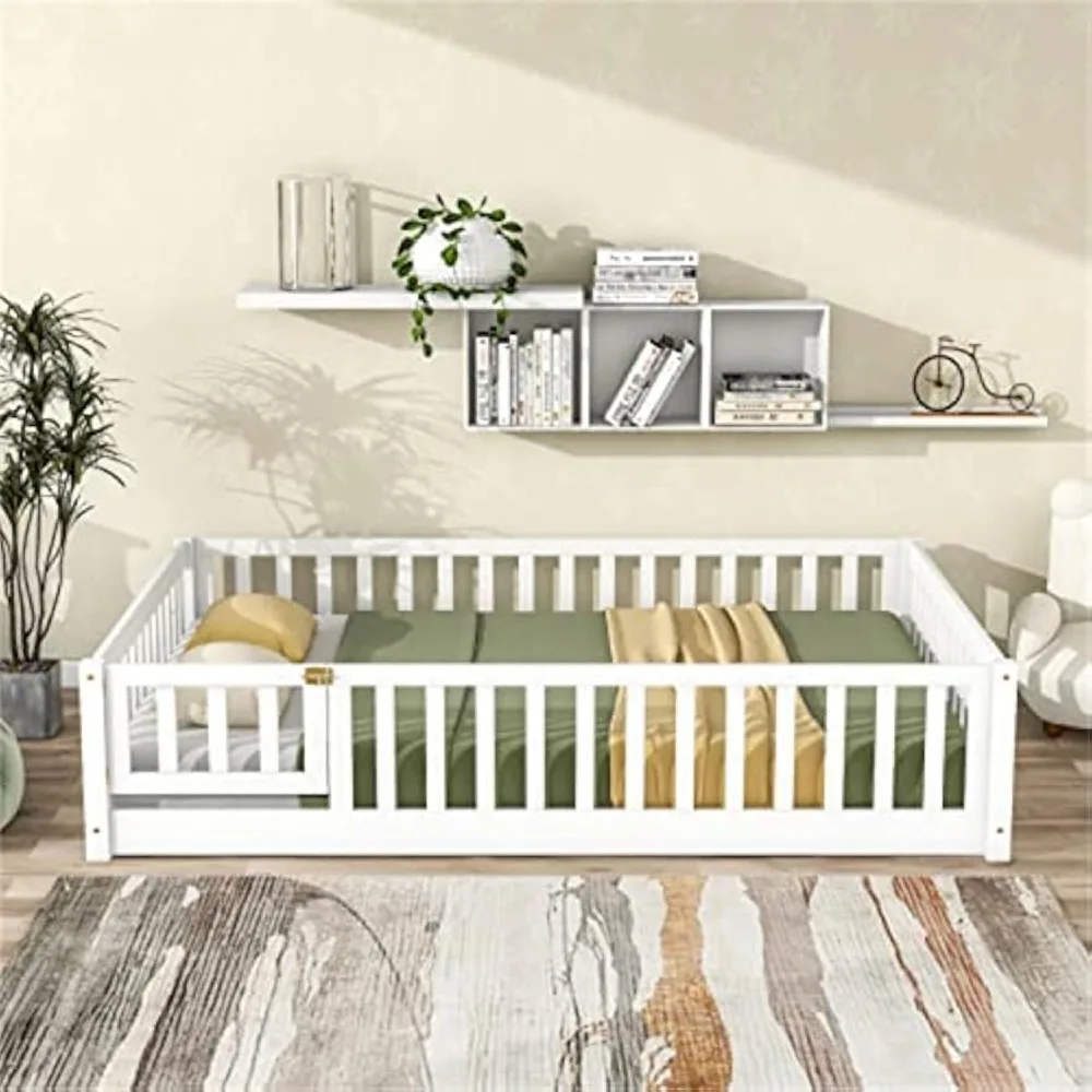 Cama de chão de tamanho completo i-POOK para crianças, estrutura de cama montessori de madeira maciça com cerca e porta Cama de chão montessori com segurança guar