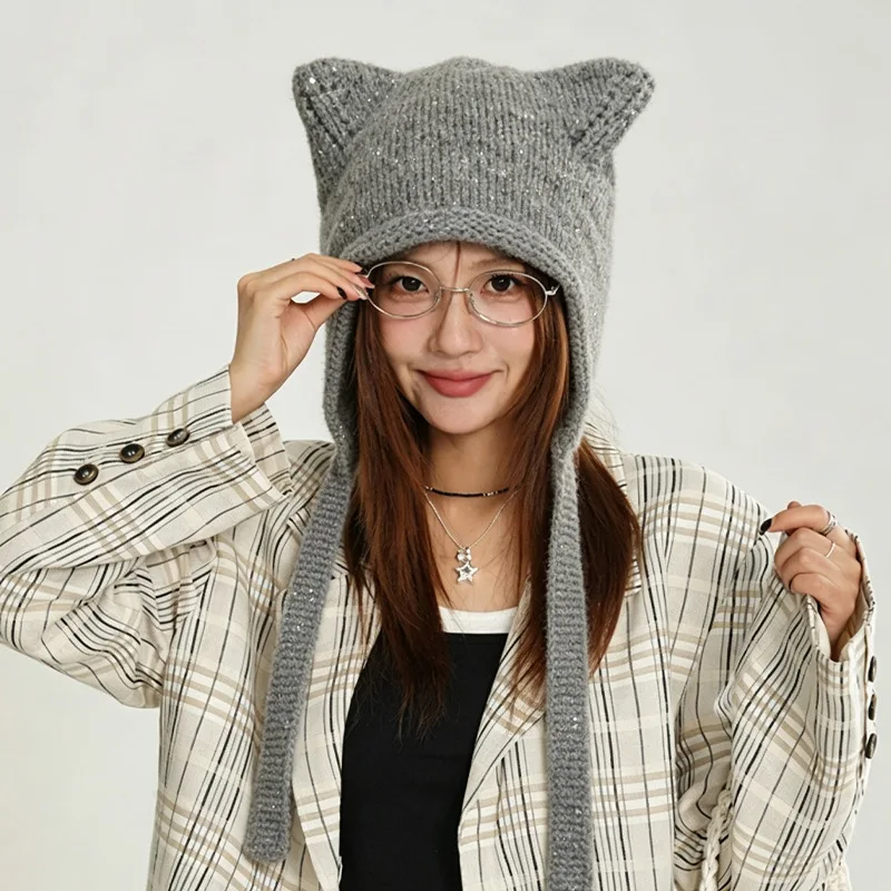 Women Glitter Yarn Knitted Cat Ear Pullover Hats Korean Style Winter Warm Earflap Beanies Casual Fashion Long Strap Cold Hat
