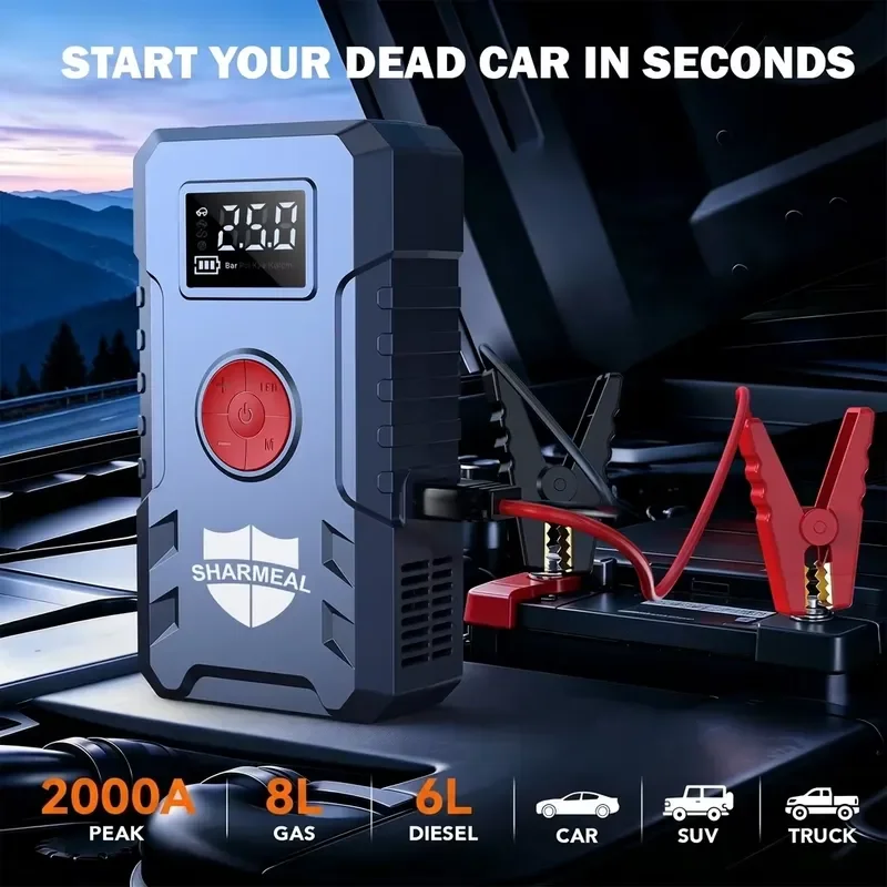 BOLRZO SHARMEAL OEM & ODM Portable Car Emergency Start Power Supply 12V 2000A 6000mAh Car Battery Supercharger with Air Pump