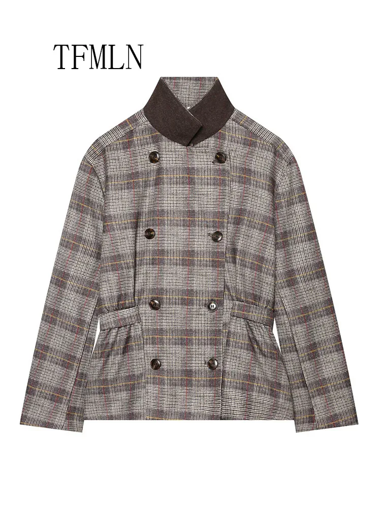 TFMLN 2026 Women Plaid Blazer Jackets Fashion Slim Long Sleeve Causal Belt Coats  Vintage Double Breasted Office Lady Outwears