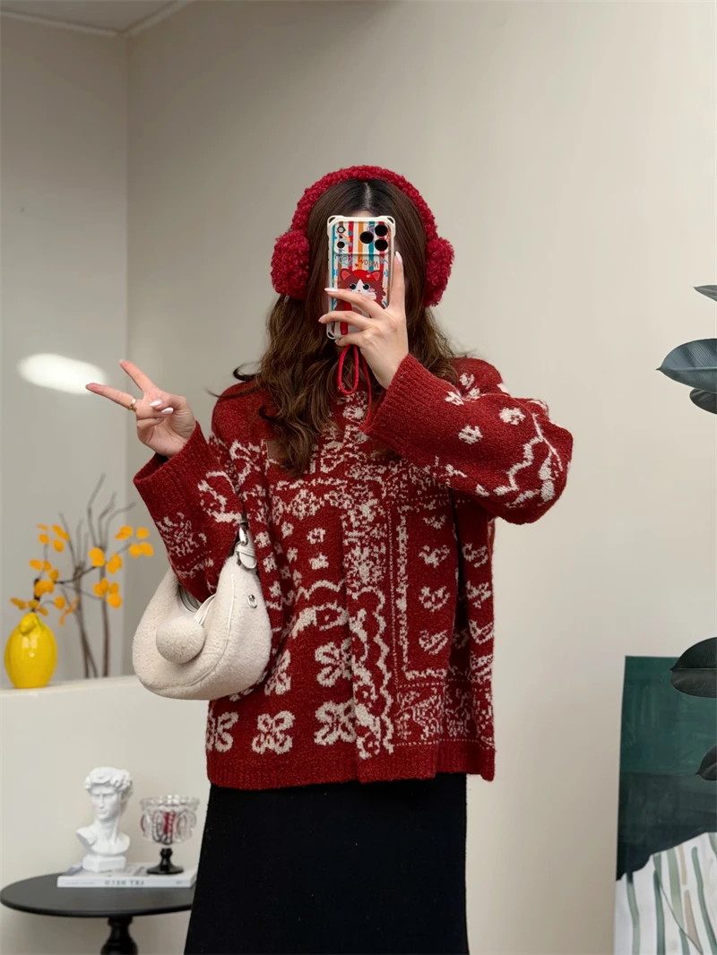 

Ретро-кардиган из шерстяной пряжи с цветными блоками, женский, свободного кроя, с эффектом флиса, красный, вязаный, эластичный, с длинными рукавами, круглый вырез